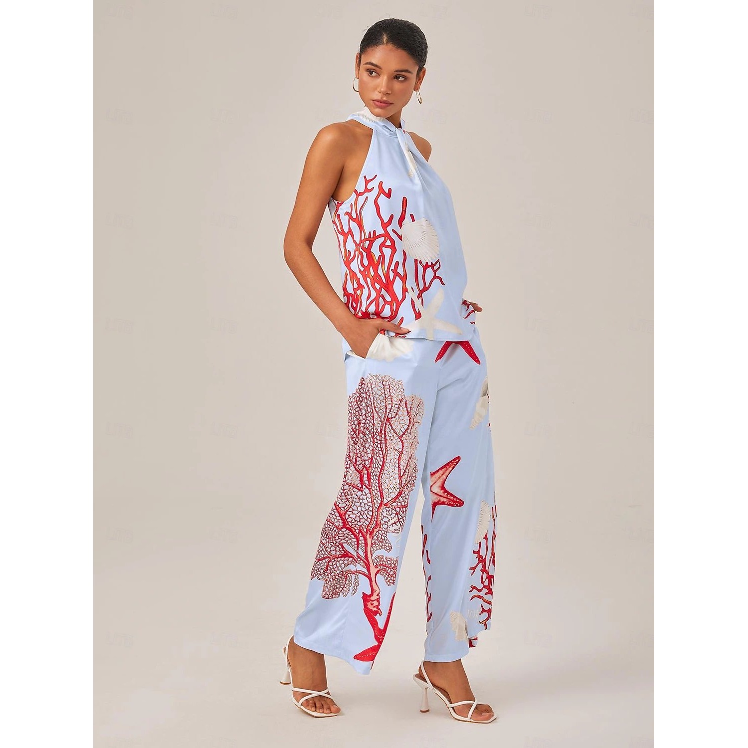 Ador Womens 2 Piece Set Halter Top Wide Leg Pants Coral Reef Print Blue Red L